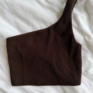 Babaton Knit Sculpt One-Shoulder Crop Top - Chocolate Brown